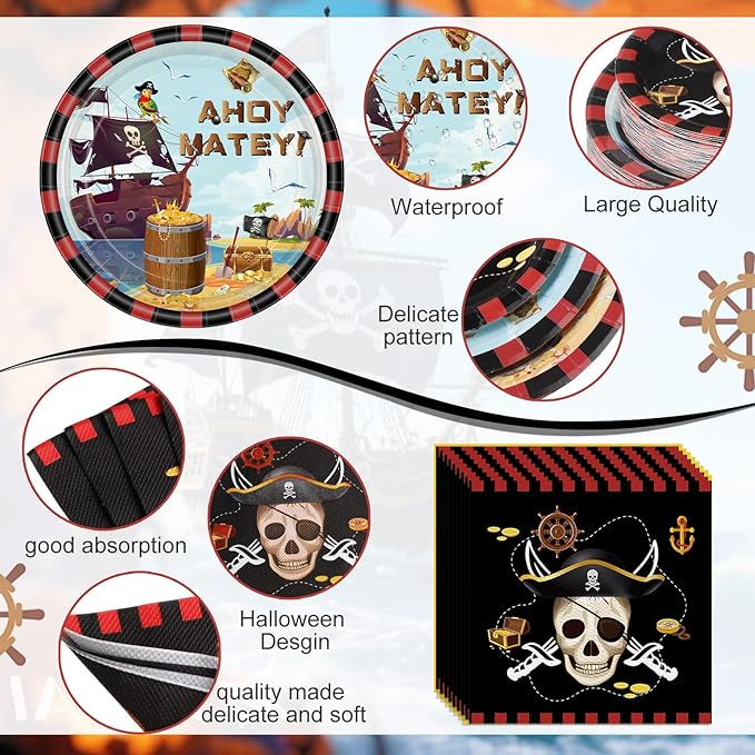 452 Pcs Pirate Party Supplies Decorations for 50 Guests, Pirate Treasure Theme Paper Plates Napkins Cups Tablecloth Cutlery Straws for Adult Halloween Birthday Party Decorations