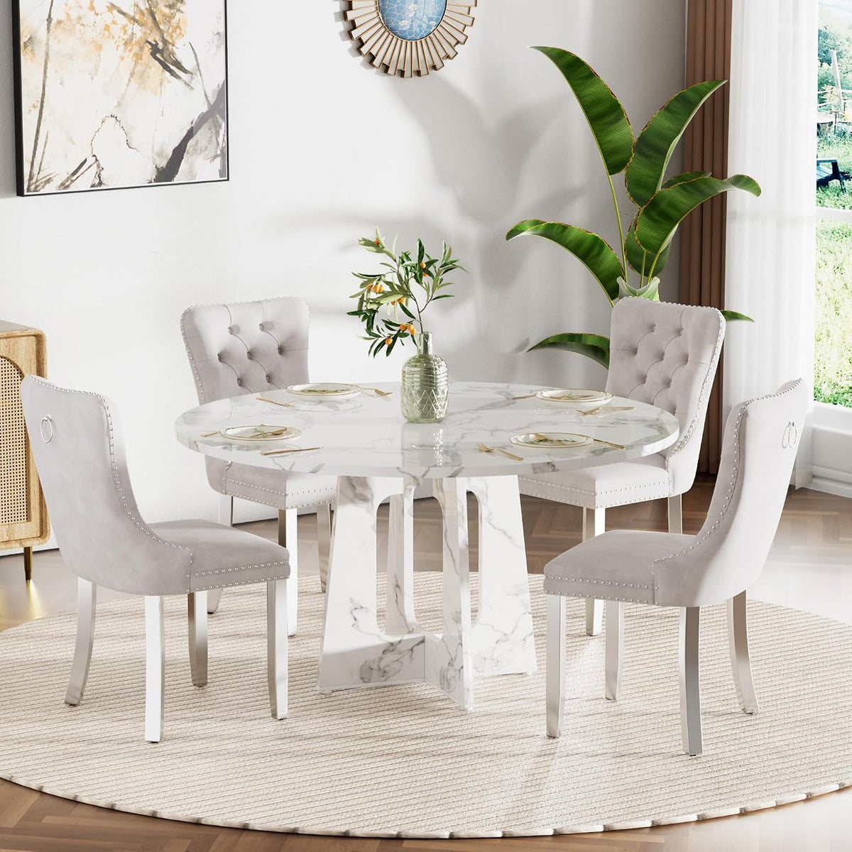 47" Round Farmhouse Dining Table Set for 4, Circle White Faux Marble Kitchen Table with 4 Beige Velvet Upholstered Dining Chairs, Wooden Kitchen and Dining Room Table Set for Dining Room