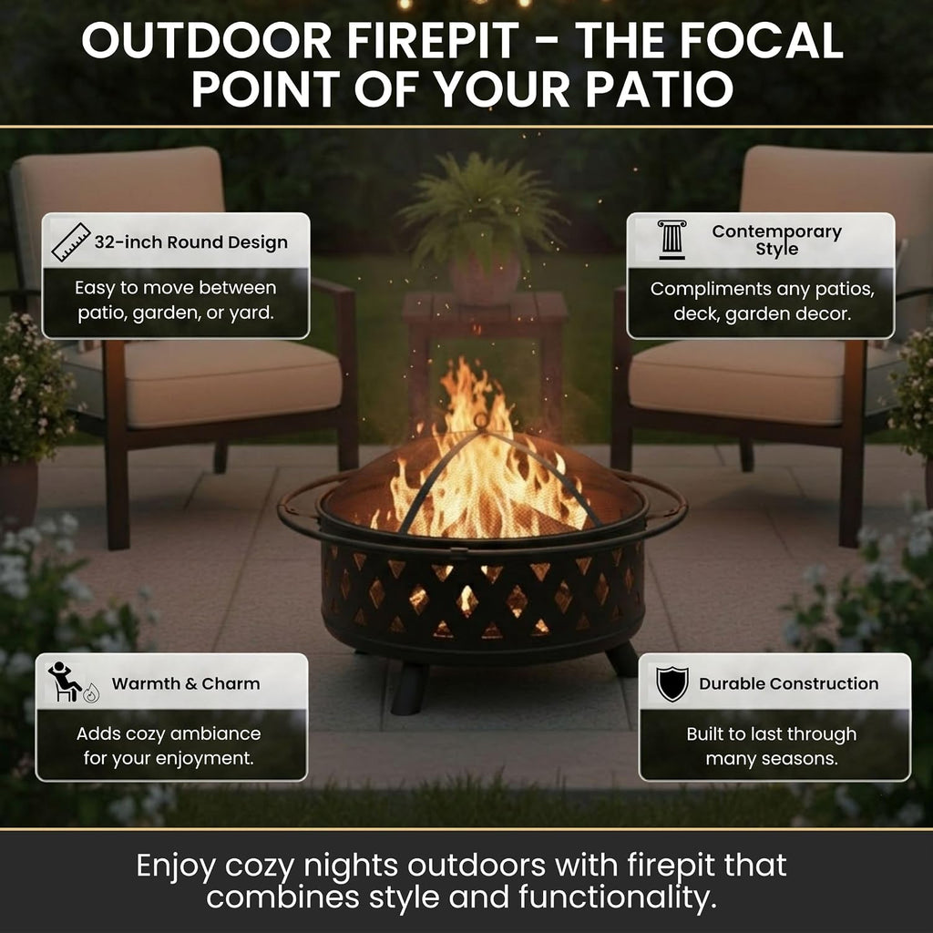 Pure Garden Outdoor Fire Pit with Cross Weave Pattern, Black, 32-Inch