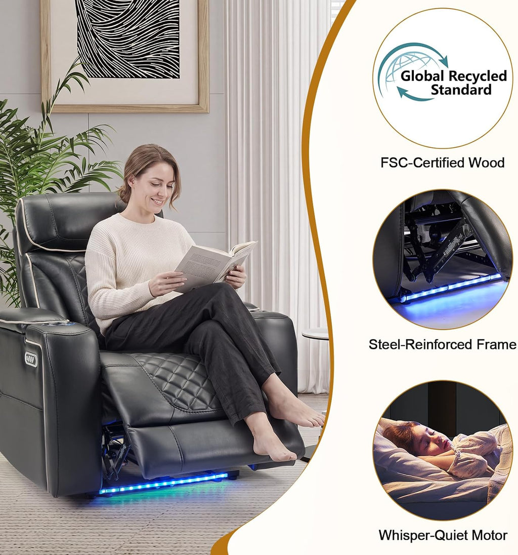 ANJ Dual Motor Power Recliner Set of 7 with Adjustable Headrest & LED Light, Faux Leather Home Theater Seating with Cup Holders & Arm Storage, Electric Reclining Chairs, Black(White Stitching)