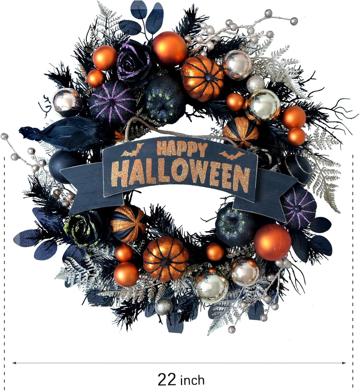 24“ Halloween Black Glitter Pumpkin with Balls Wreath for Front Door