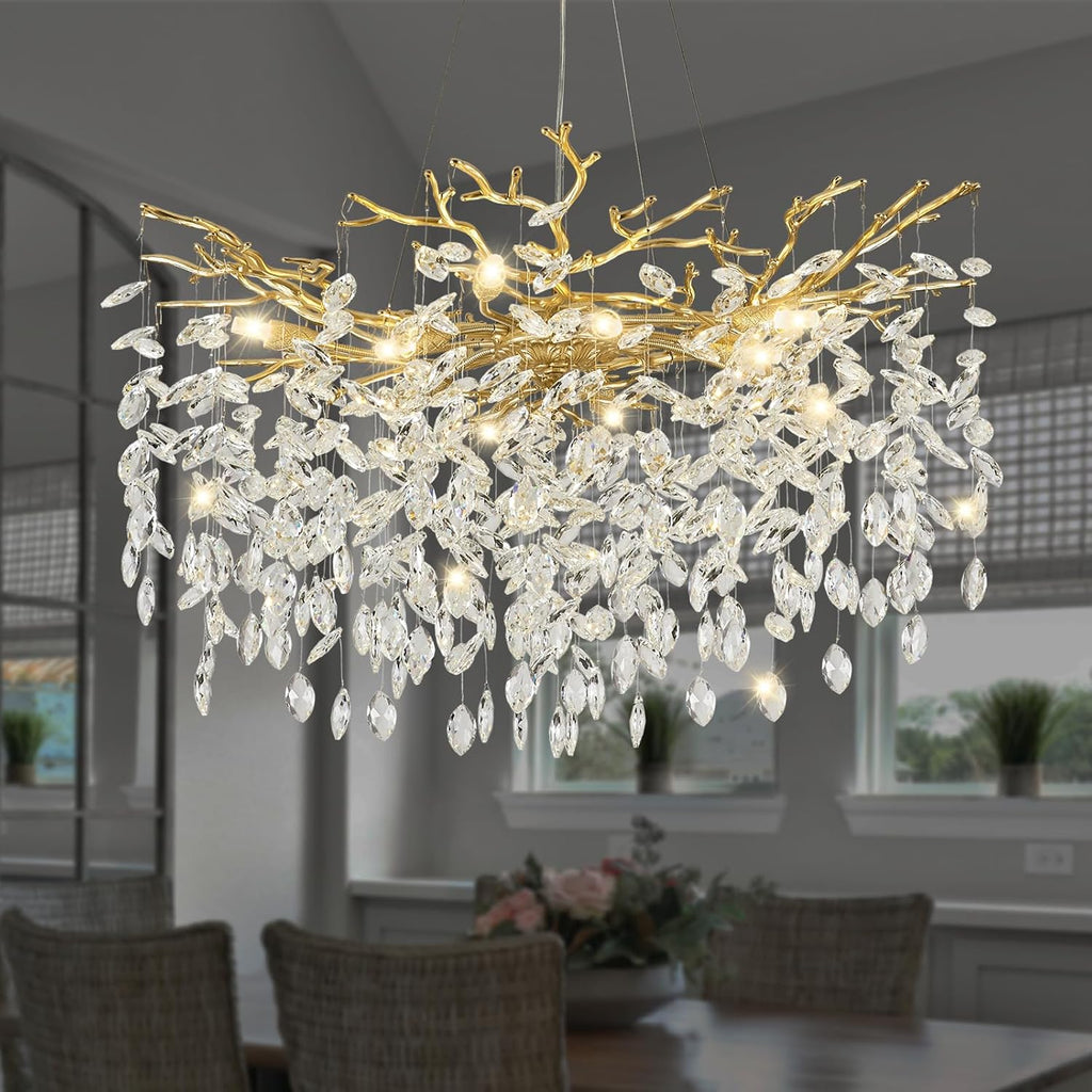 Modern Crystal Chandelier, 31.5" Chandeliers for Dining Room Gold Tree Branch Chandelier Lighting, Round Living Room Chandeliers Over Table, Branches and Crystals Ceiling Light Fixtures