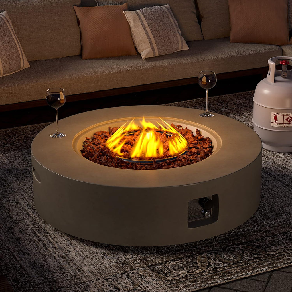 SUNBURY Outdoor 42" Fire Pit Table, 50000 BTU Gray Patio Fire Table, Concrete Round Gas Fire Table w Lava Rocks