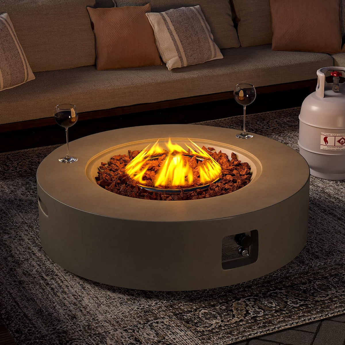 SUNBURY Outdoor 42" Fire Pit Table, 50000 BTU Gray Patio Fire Table, Concrete Round Gas Fire Table w Lava Rocks