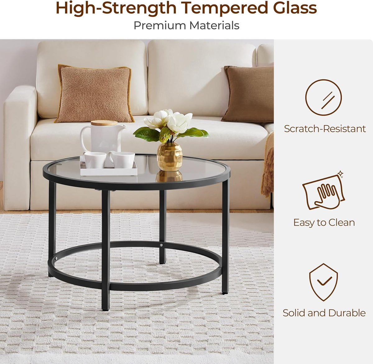 Yaheetech 27.6" Black Round Glass Coffee Table for Living Room, Metal Frame