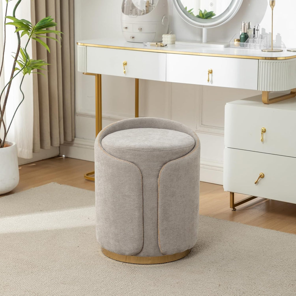 Swivel Vanity Stool with Gold Base Comfy Vanity Chair Modern Round Stool for Makeup Vanity Ottoman Foot Rest for Bedroom livingroom (Light Gray)