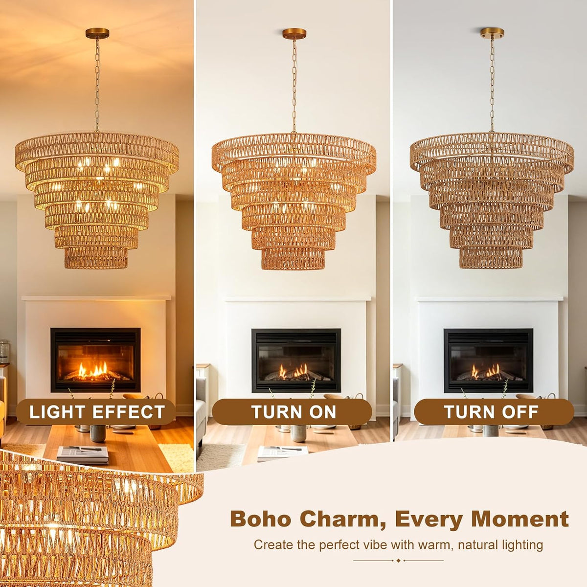 31.5" large gold rattan chandelier, 12-light hand-woven 6-tier, side view