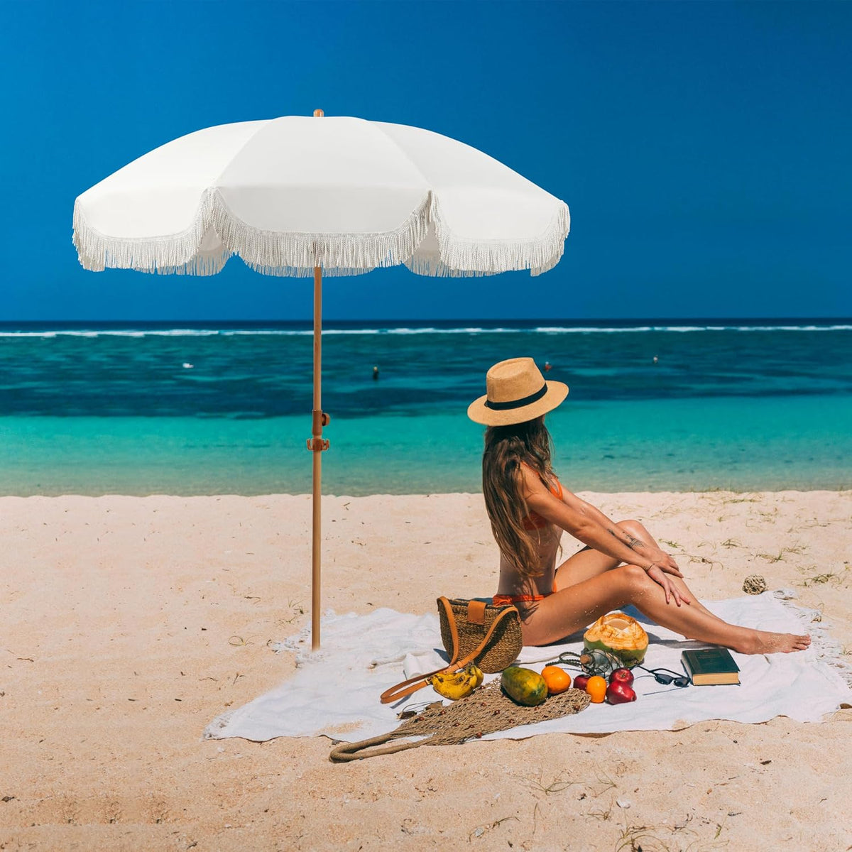 Seazul 6.5ft Patio Umbrella with Fringe, Beach Umbrella, Fringe Umbrella