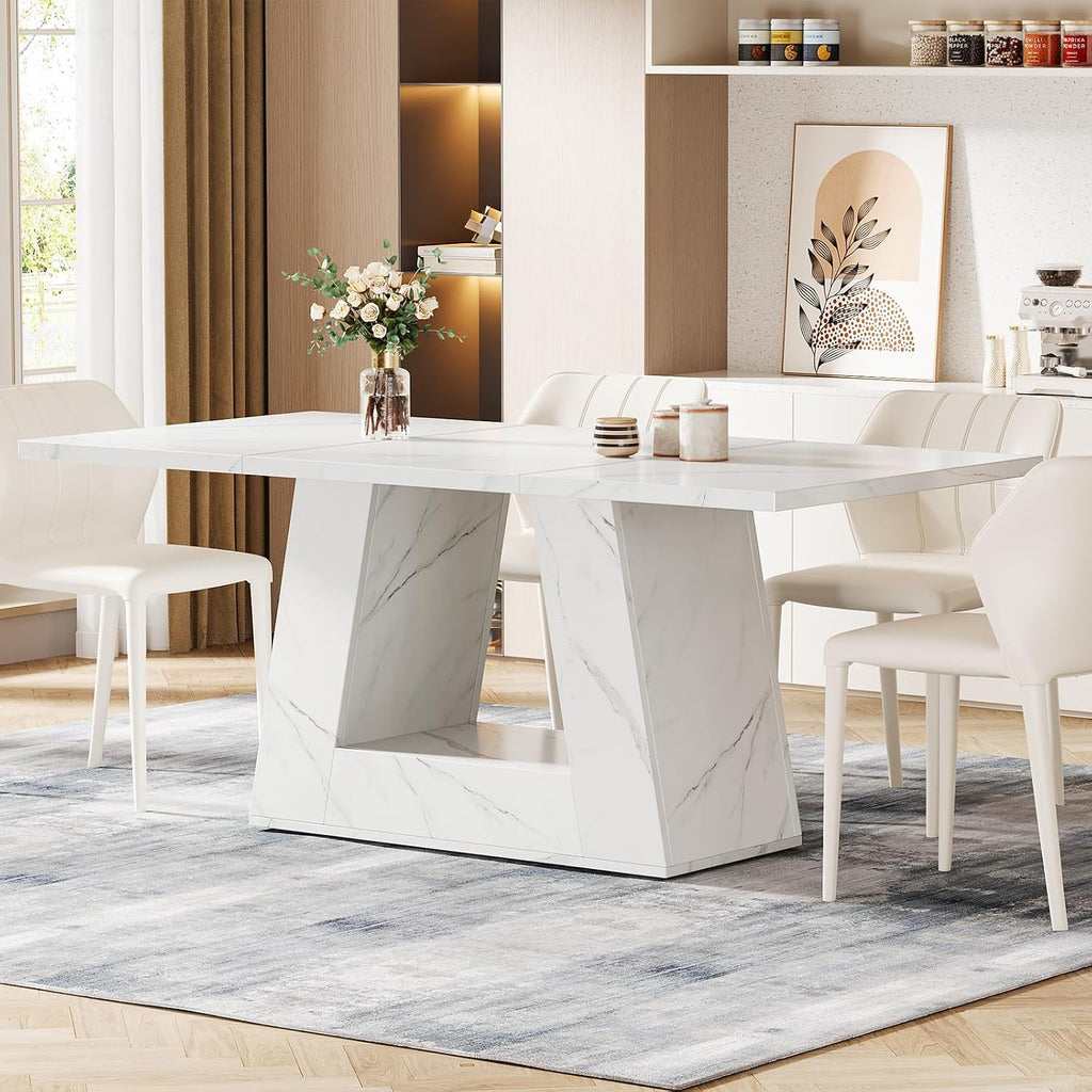 Tribesigns Dining Table for 4 to 6 People, 63" Rectangular Dining Room Table, Modern Wooden Faux Marble Dinner Table with Sturdy Base for Kitchen, Living Room