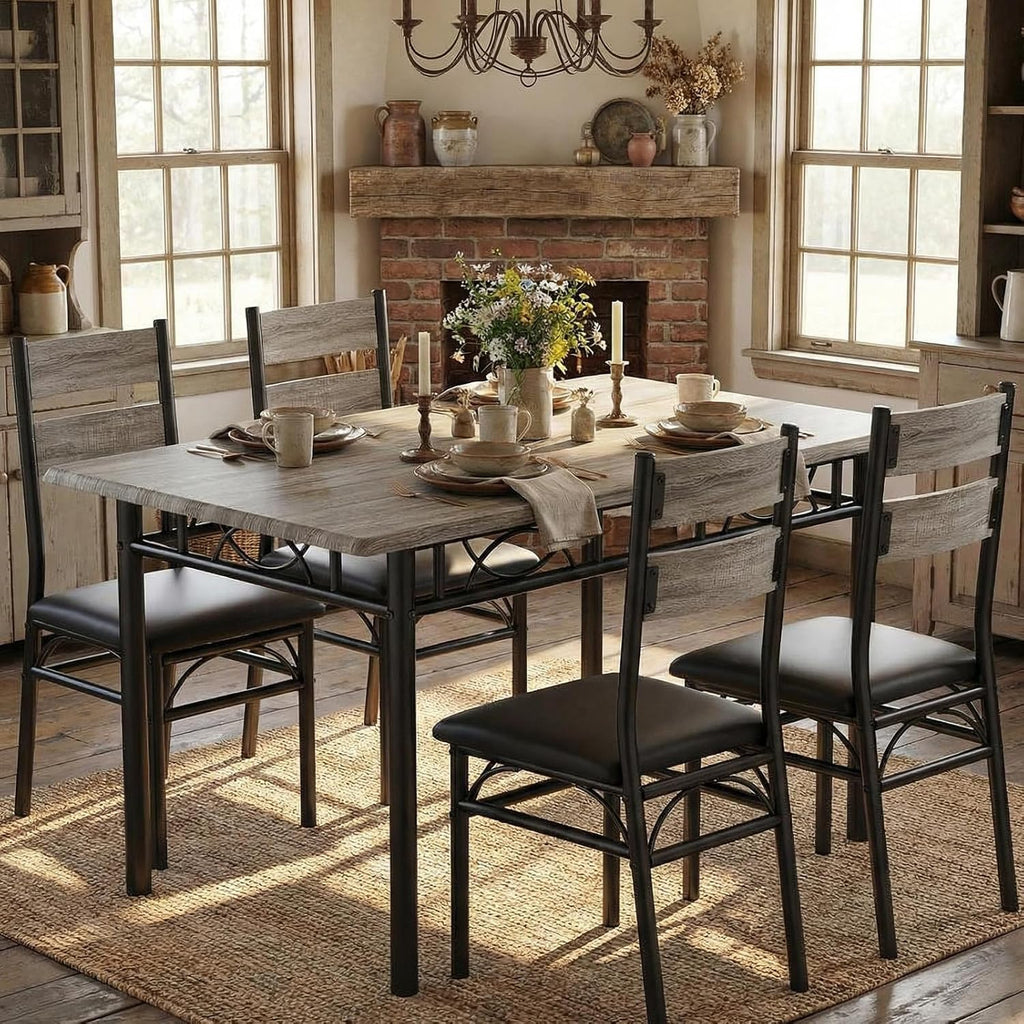 IDEALHOUSE Rectangular Kitchen Table and Chairs Set for 4, 5 Piece Dining Table Set for 4, High-Back Upholstered Chairs, Heavy-Duty Frame, Saving Space, for Dinner Dinette, Apartment, Rustic Gray