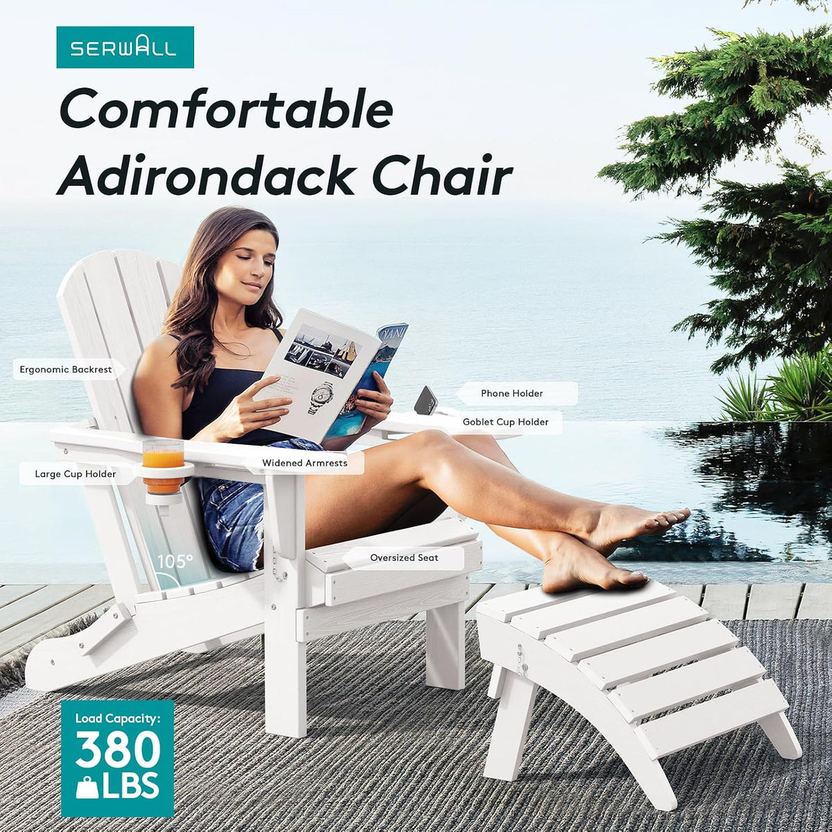 SERWALL Outdoor Adirondack Chairs with 2 Cup Holders,Foldable,White