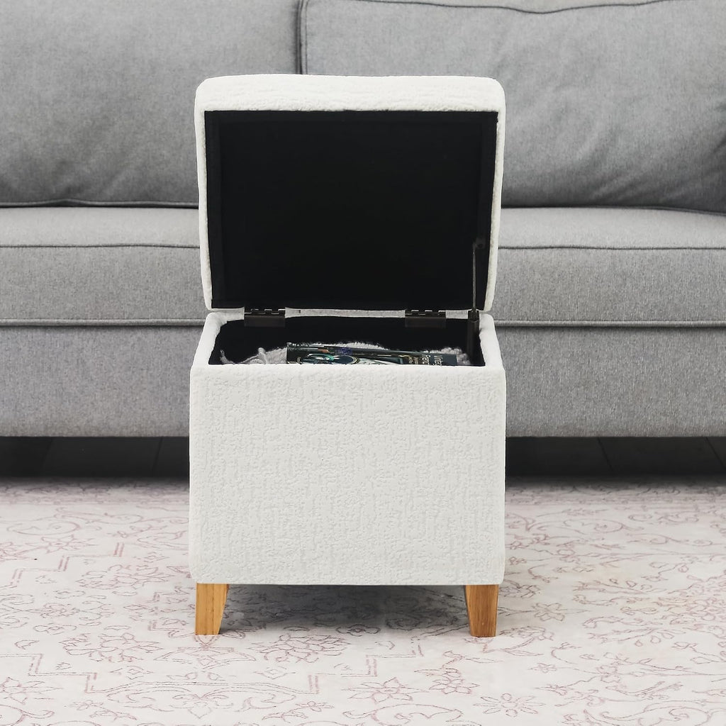 Adeco 18 Inch High Faux Fur White Cube Ottoman Storage, 3D Embossed Velvet Chair Foot Stools, Upholstered Vanity Stool with Hinged Lid, Solid Wood Legs