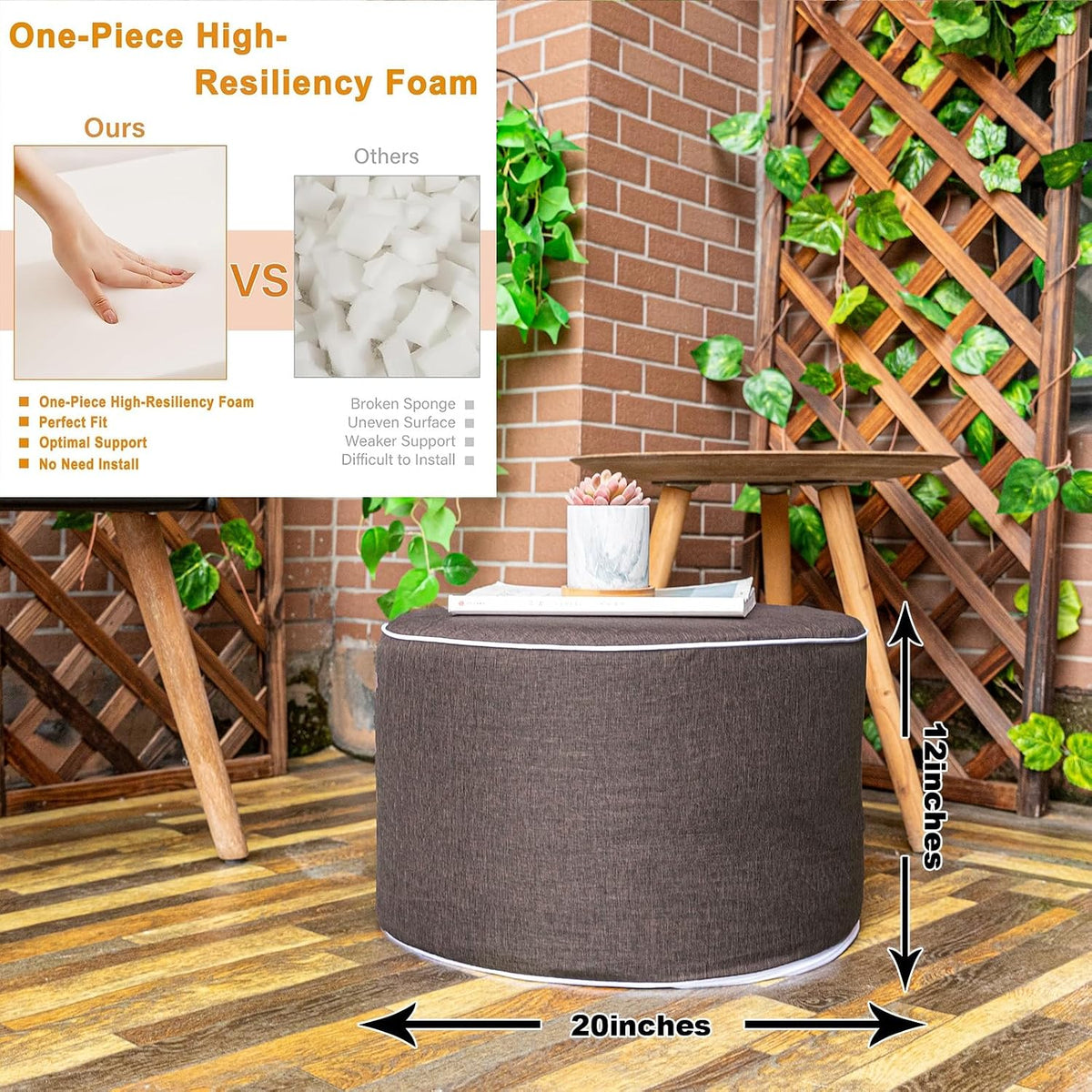Outdoor Ottoman for Patio,Dark Coffee, Pouf Footstool,Foot Rest,20x20x12 In
