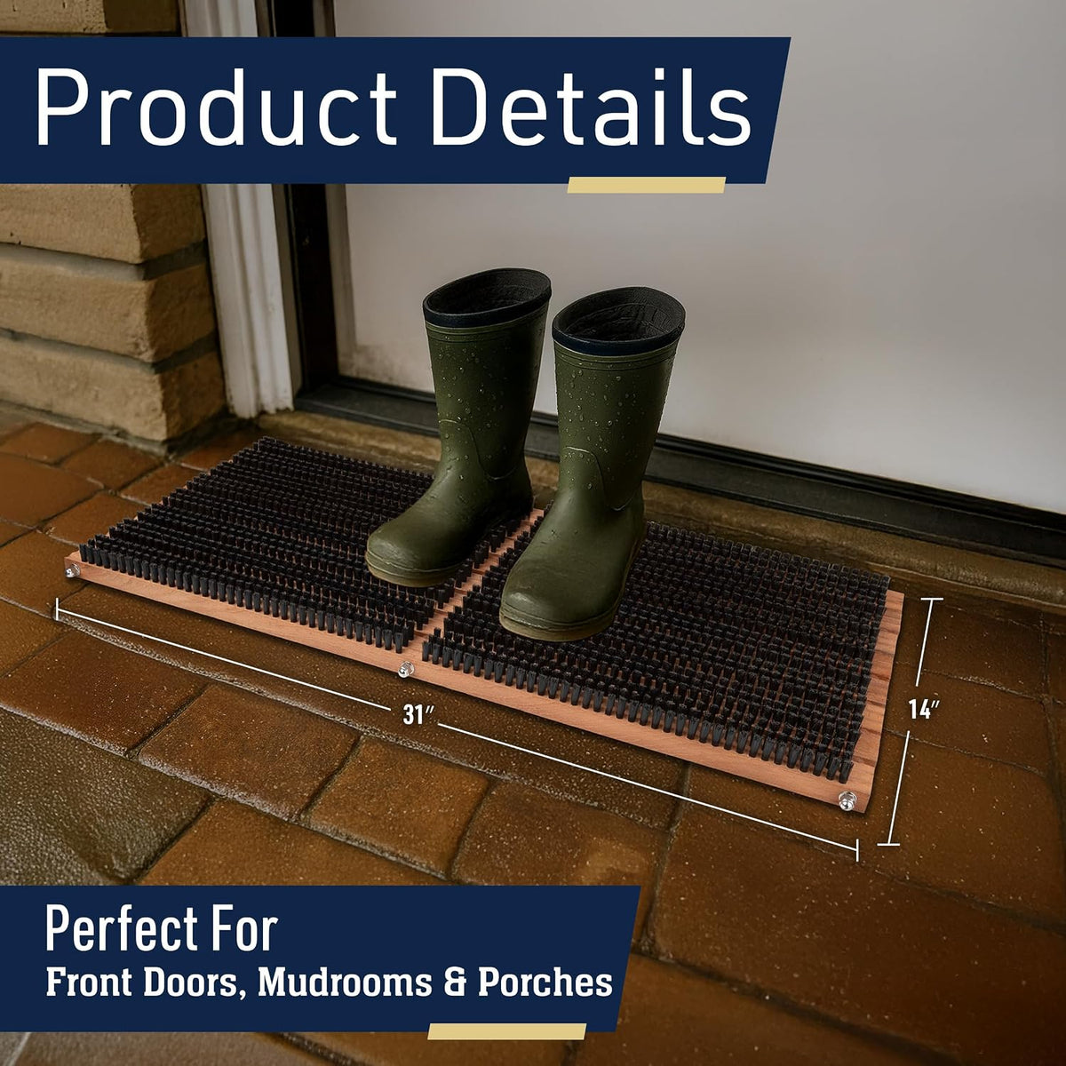 Kings County Tools Wooden Door Mat with Nonslip Rubber Backing, 31.5” x 14”