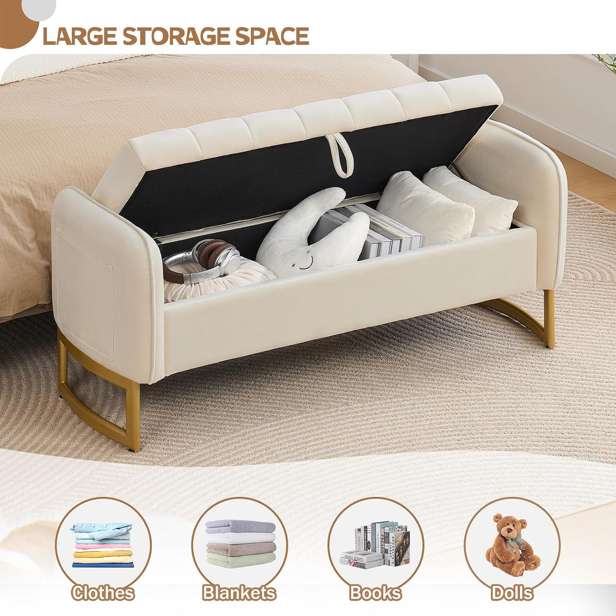 End of Bed Storage Bench, 51'' Storage Ottoman Benches for Bedroom, Cream