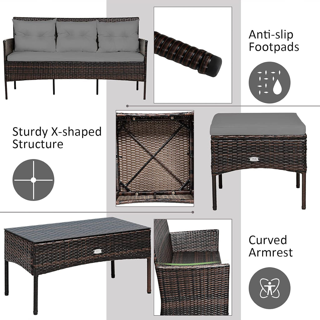 Tangkula 3 Pieces Patio Conversation Set, All Weather Outdoor PE Rattan Wicker Furniture Set with Padded Cushions, Tempered Glass Coffee Table, for Poolside, Backyard, Garden (Gray)