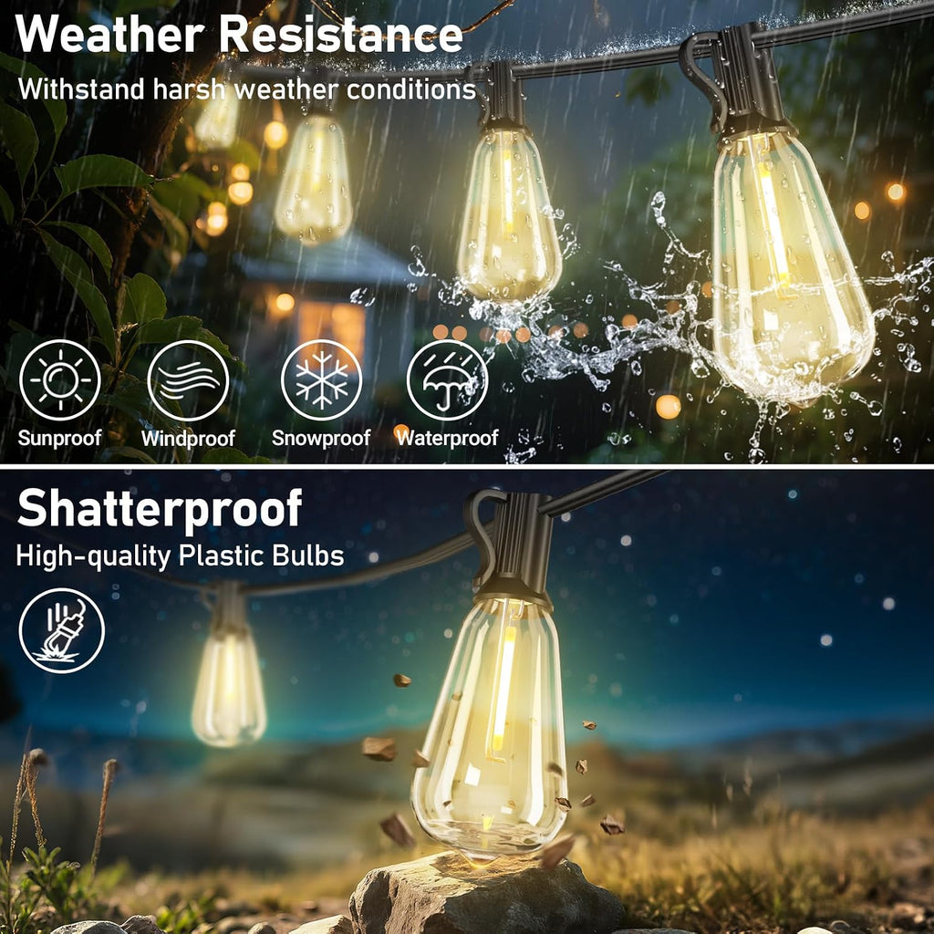 100FT Solar String Lights Outdoor Waterproof with 52 LED Edison Bulbs