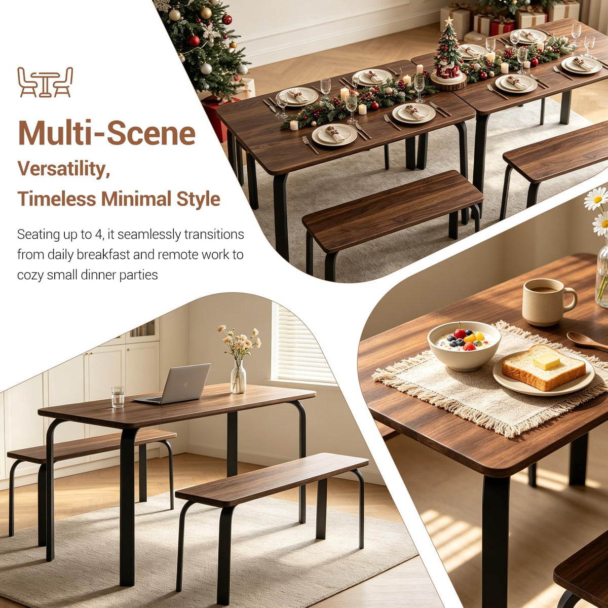 47" Dining Table Set for 4, Small Rectangle Kitchen Table Set with 2 Bench