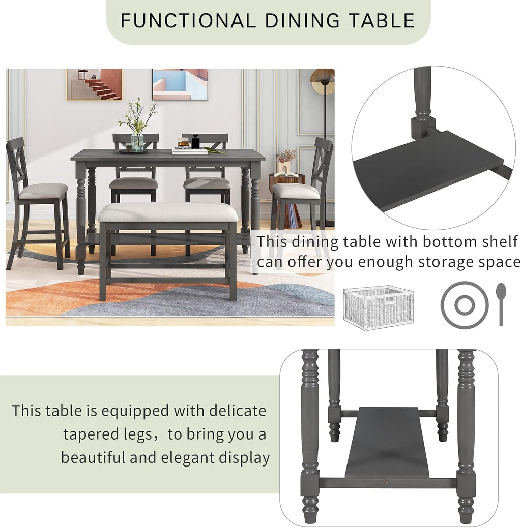 LUMISOL Counter Height Kitchen Table Set with Bench and Chairs for 6 Rustic Solid Wood Dining Room Table Set with Bottom Shelf for Storage, Gray
