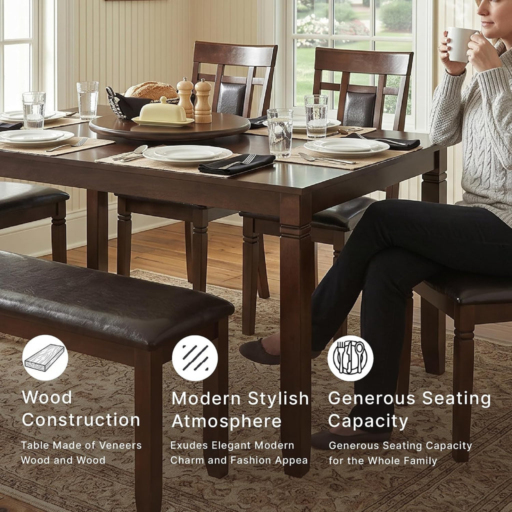 Signature Design by Ashley 6-Piece Dining Table Set with Bench, Dark Brown