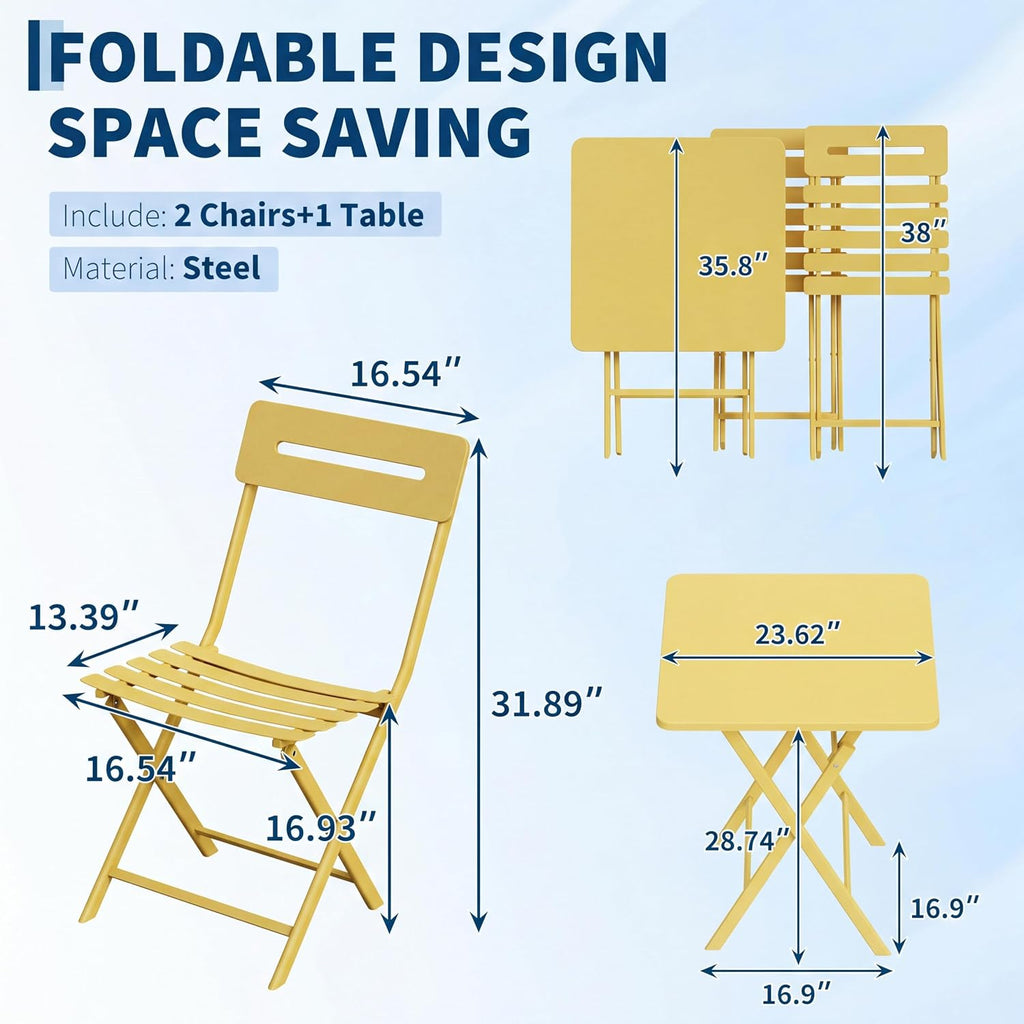 Garvee 3-Piece Bistro Set, Outdoor/Indoor Folding Patio Furniture Set,Space Saving Folding Design, Outdoor Table and Chairs Set for Patio, Garden, Balcony and Poolside, Yellow