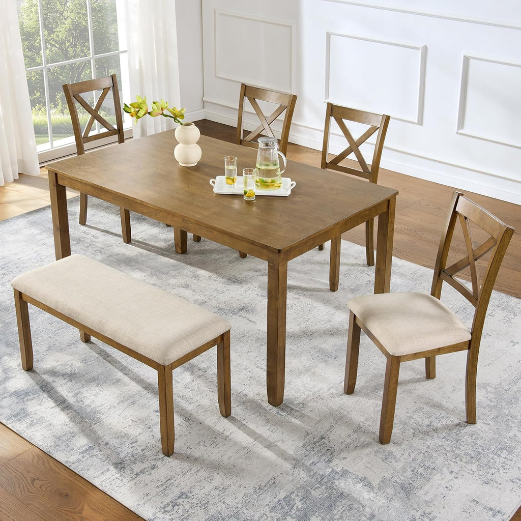 Merax 6-Piece Wood Kitchen Dining Table Set, 58.5" Rectangular Table with 4 Upholstered Chairs & 1 Bench, Rubberwood Legs Modern Elegant Farmhouse for Kitchen Room, Oak