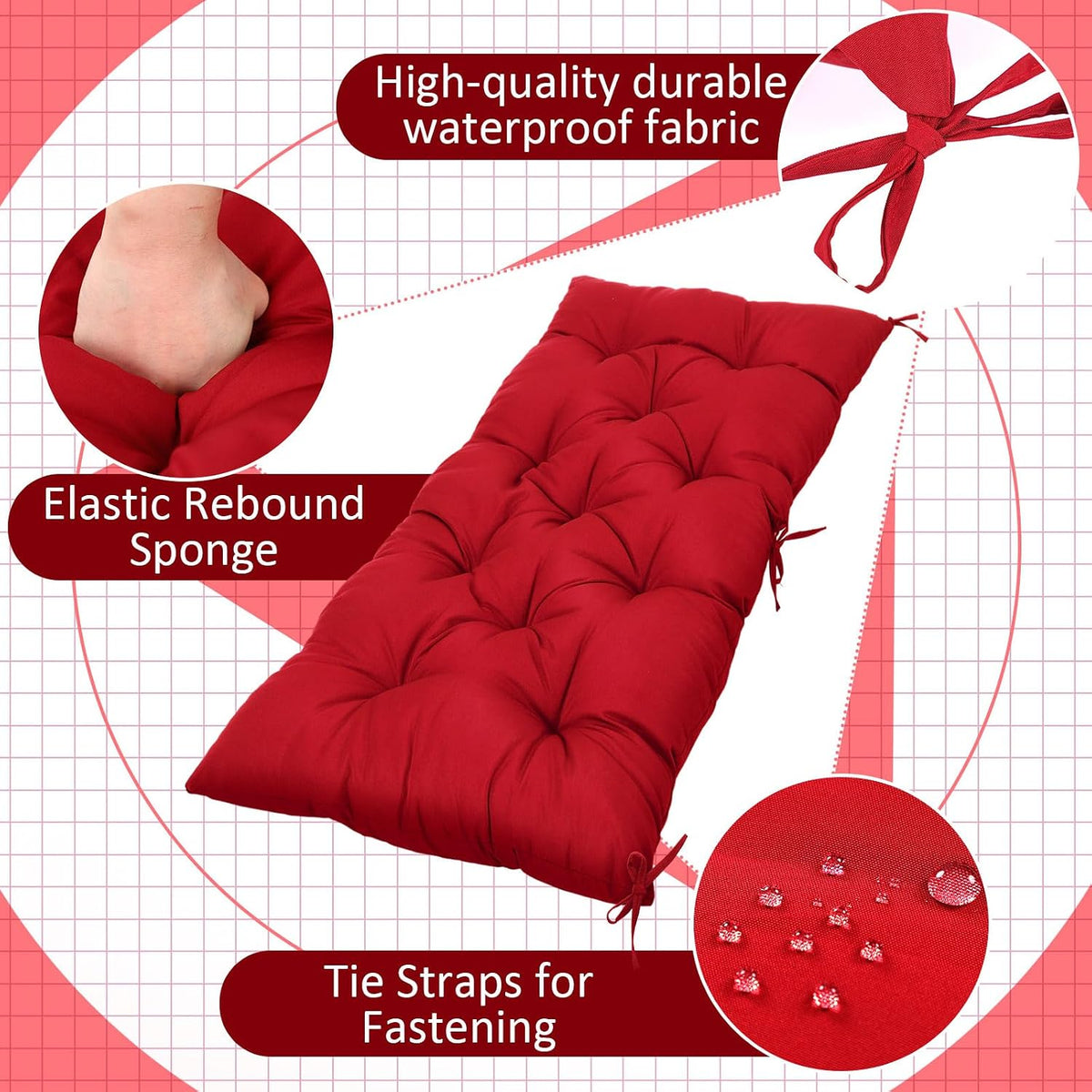 Wenqik Outdoor Bench Cushion 59 x 20 x 4 Inch Waterproof Patio Swing Cushion with Removable Zippered Cover Adjustable Ties Seat Pad for Porch Bench Garden Loveseat (Red, Classic)