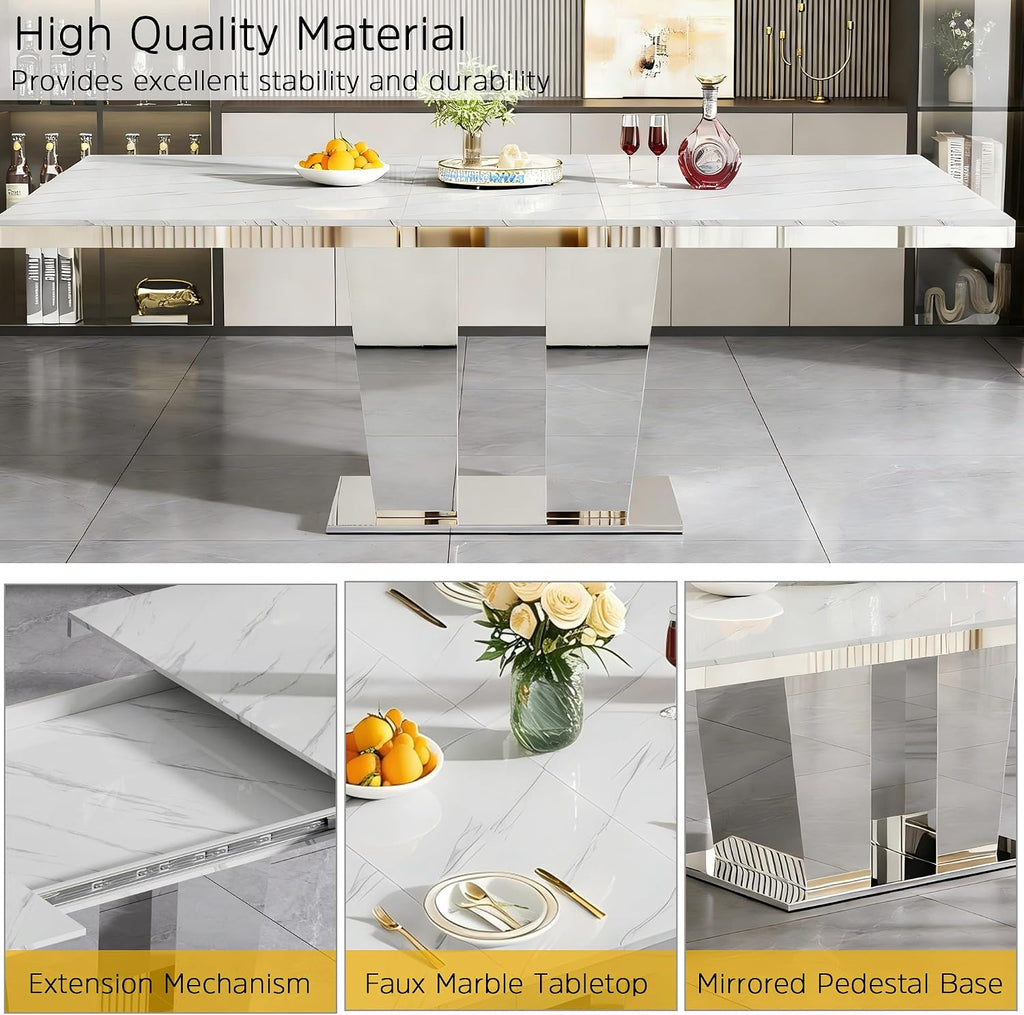 Modern Extendable Dining Table Set for 8, 94" Faux Marble Expandable Table with 8 Beige Velet Chairs & Silver Mirrored Base, 9 Piece Luxury Extendable Dining Room Table Set for Dinner Family Gathering