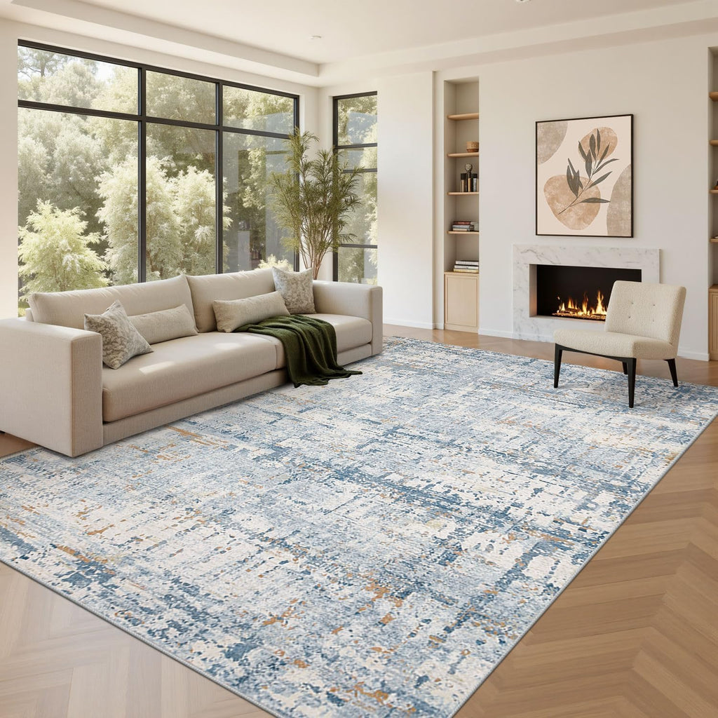 Rugxara 8x10 Blue Modern Abstract Washable Rug for Living Room