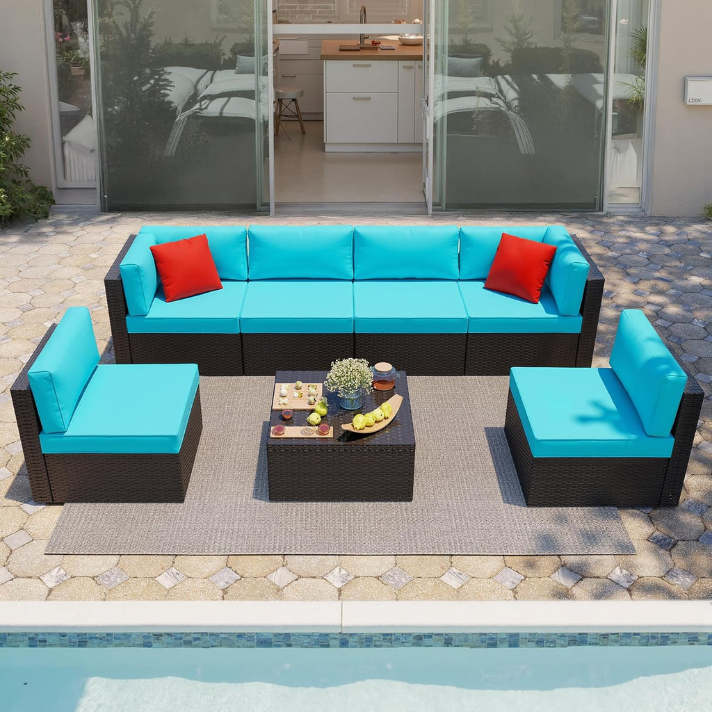 Shintenchi 7 Pieces Patio Furniture Sets Outdoor All-Weather Sectional Patio Sofa Set PE Rattan Manual Weaving Wicker Patio Conversation Set with Glass Table&Ottoman Cushion and Red Pillows, Blue