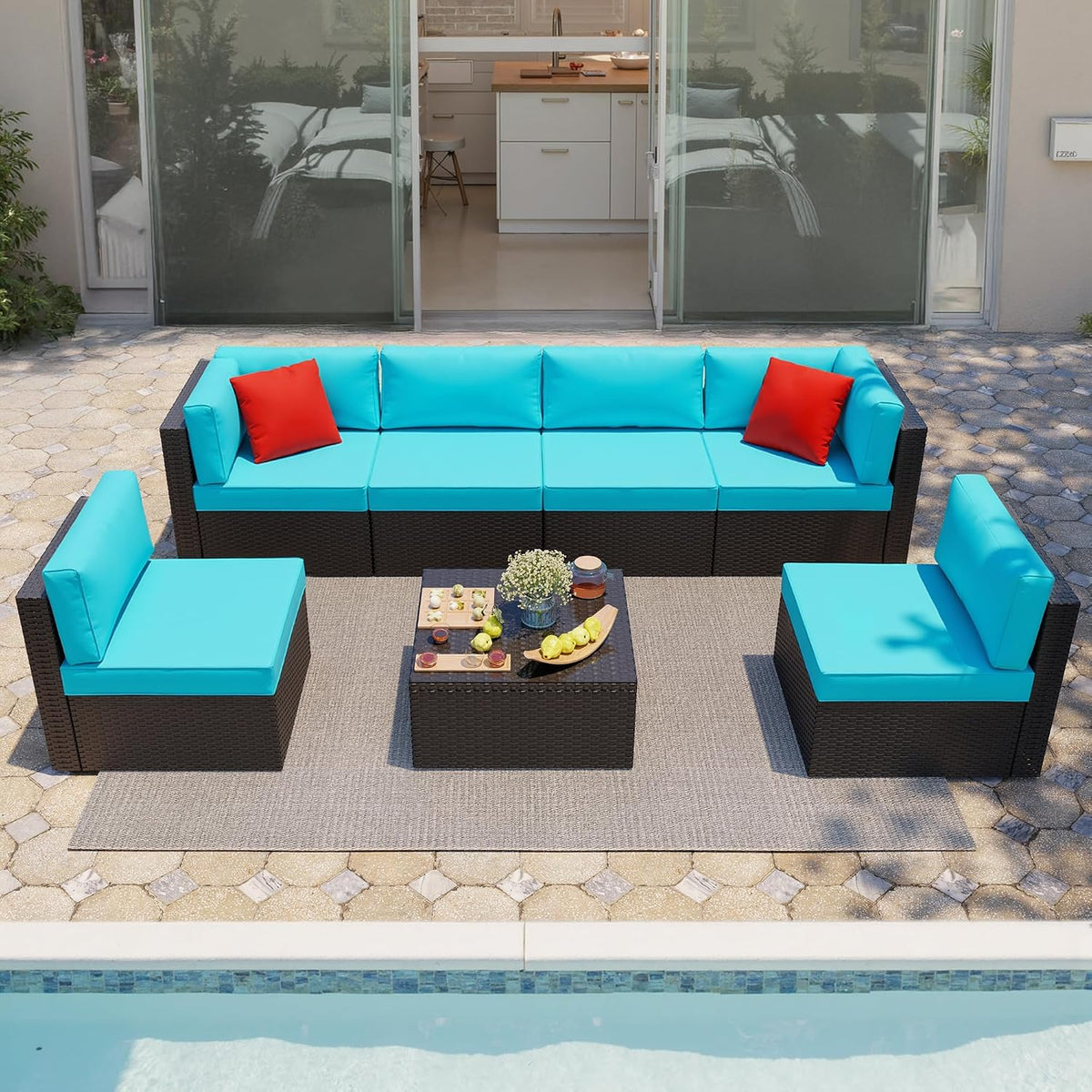 Shintenchi 7 Pieces Patio Furniture Sets Outdoor All-Weather Sectional Patio Sofa Set PE Rattan Manual Weaving Wicker Patio Conversation Set with Glass Table&Ottoman Cushion and Red Pillows, Blue