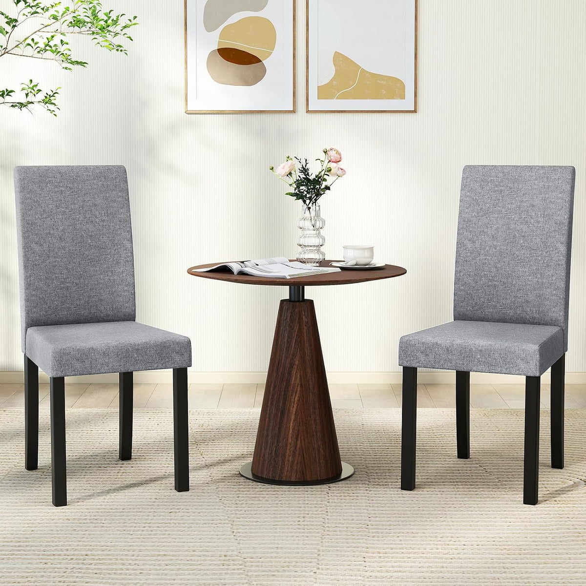 GOFLAME Upholstered Dining Chairs Set of 2, Fabric Kitchen Chairs with Padded Seat, Tilt Backrest, Rubber Wood Legs, Armless Side Chairs for Dining Room, Living Room, Restaurant, Light Gray