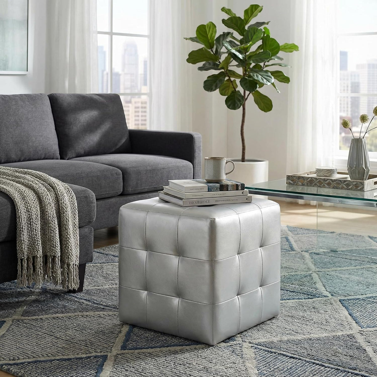 Cortesi Home Apollo Cube Ottoman in Metallic Silver Faux Leather