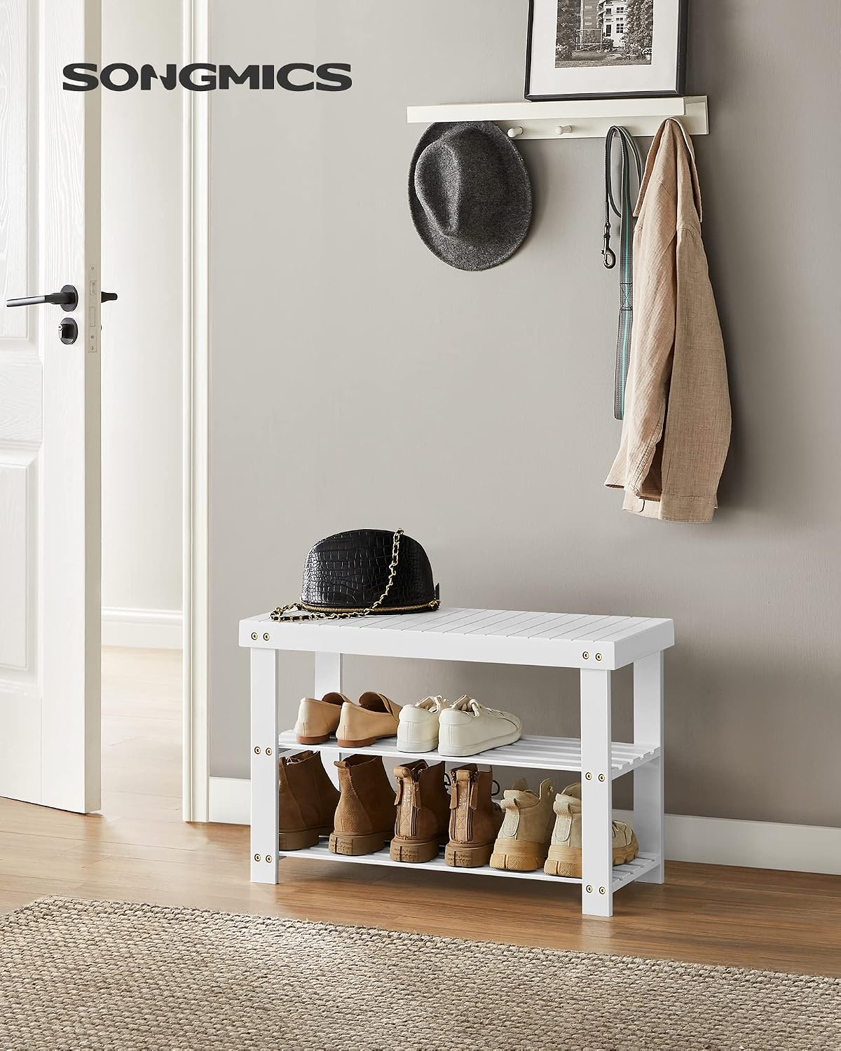 SONGMICS Shoe Rack Bench, 3-Tier Bamboo Entryway Bench, 27.6 Inches Width