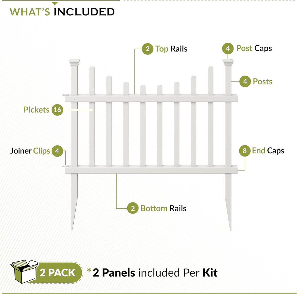 Zippity Washington Picket Fence Panels, White Vinyl DIY No Dig Kit