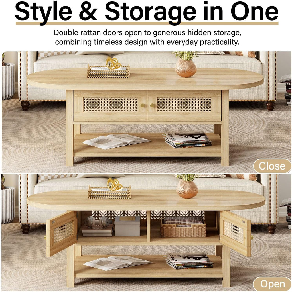 LVB Oval Coffee Table, 47" Rattan Boho Wood Living Room Table with Storage