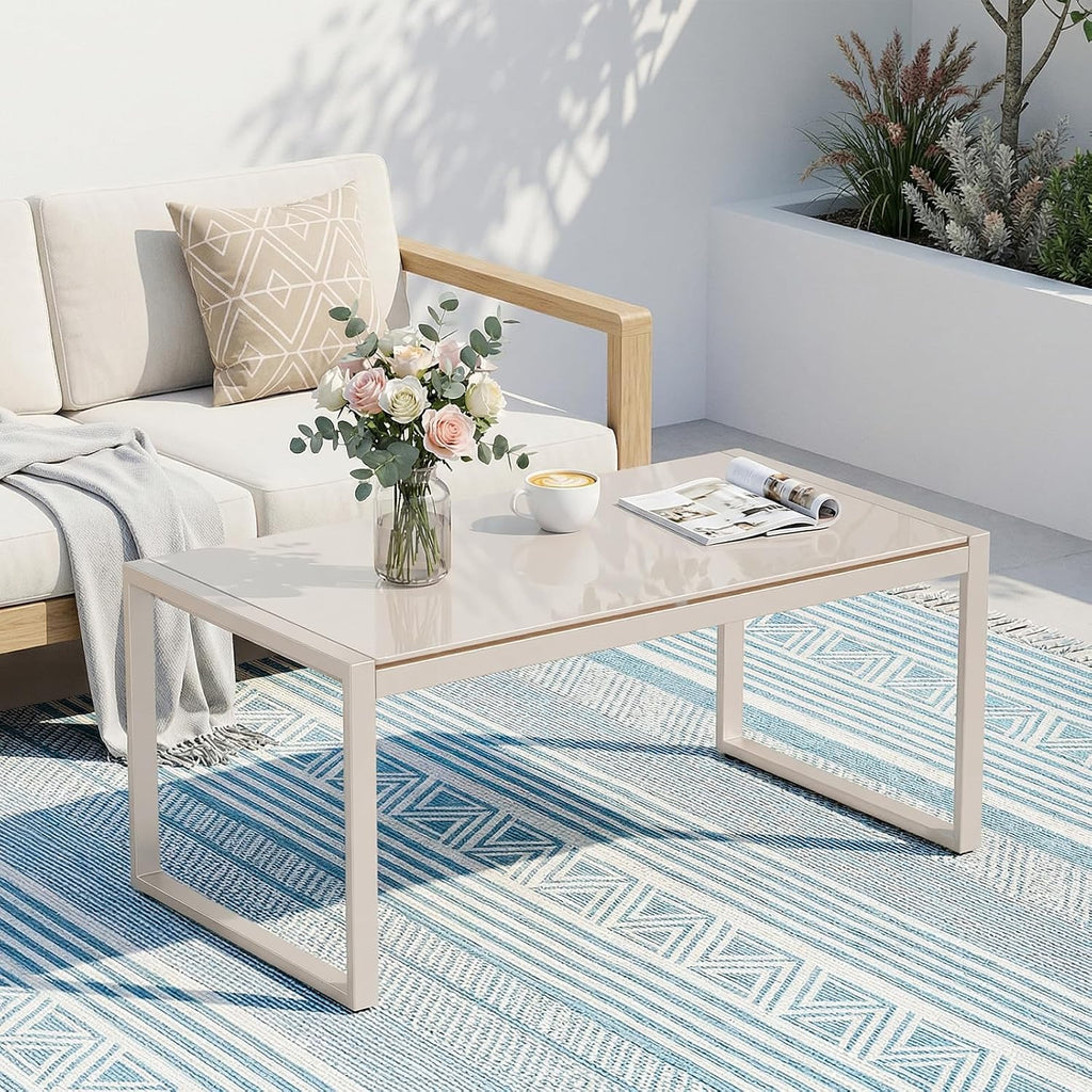 ONBRILL Rectangle Coffee Table with Tempered Glass Desktop, Sand