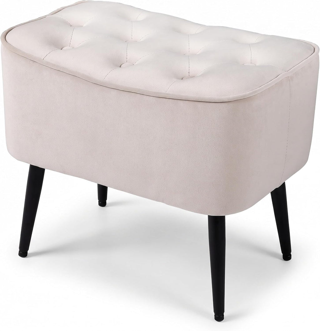 BIRDROCK HOME Tufted Curve Ottoman Velvet Foot Stool - Modern Upholstered Padded Footrest for Living Room or Bedroom - Small Cushioned Accent Chair for Couch, Sofa, or Extra Seating (Tan)