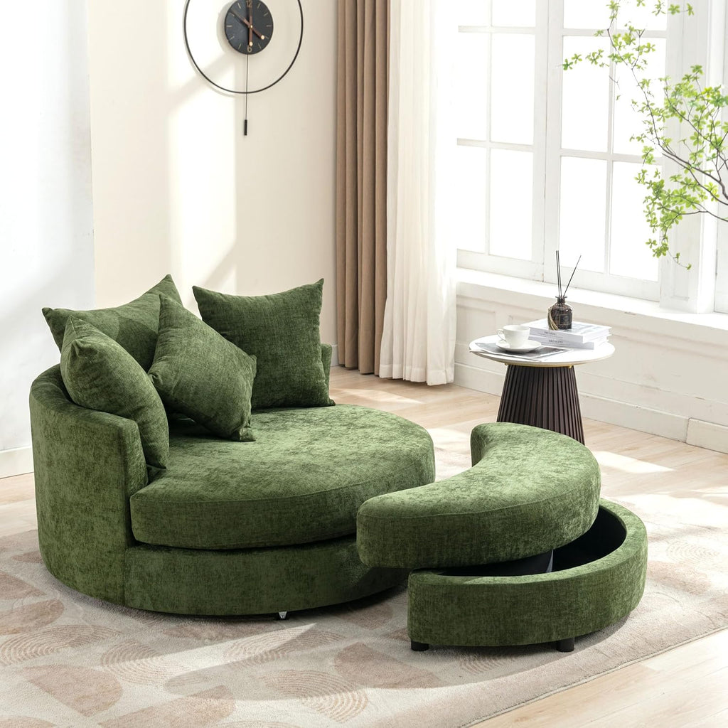 Merax 360° Swivel Barrel Chair with Half Moon Storage Ottoman, Oversized Leisure Round Single Sofa Large Chaise Lounge with 4 Pillows, Comfy Linen Upholstered Accent Arm Chairs for Living Room, Green