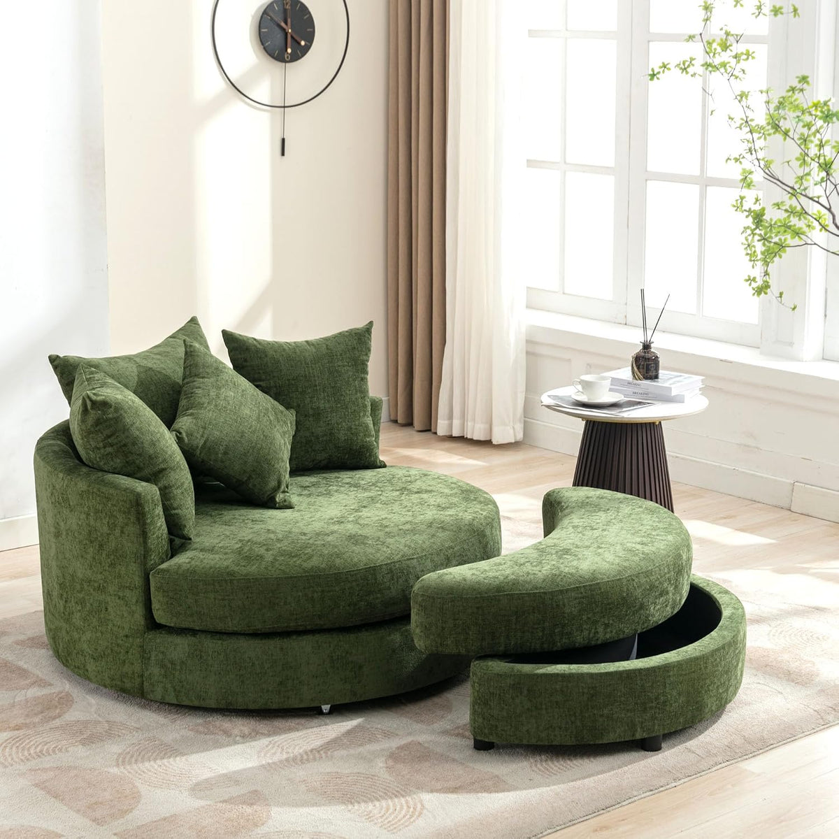 Merax 360° Swivel Barrel Chair with Half Moon Storage Ottoman, Oversized Leisure Round Single Sofa Large Chaise Lounge with 4 Pillows, Comfy Linen Upholstered Accent Arm Chairs for Living Room, Green