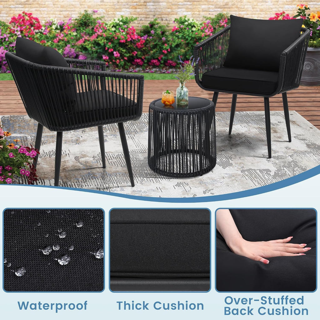 kromax 3-piece patio rattan bistro conversation set, black, side view