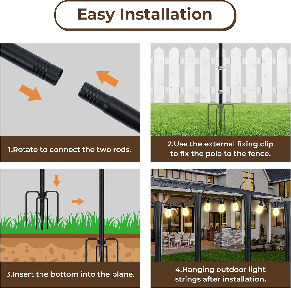 10 Ft String Light Poles for Outside, 6 Pack Heavy-Duty Metal Poles for Outdoor Hanging Lights with Fence Brackets, Outdoor String Light Pole Stand for Patio, Backyard, Garden