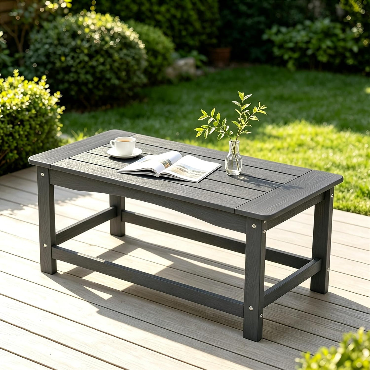 Outdoor Coffee Table, 35.4" x 17.5" All Weather Rectangle Patio Coffee Side Table for Garden Lawn Porch Poolside Balcony (Gray)