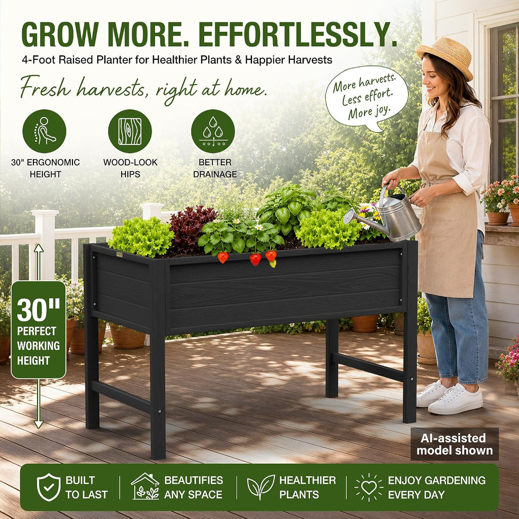 YEFU 48" Raised Garden Bed with Legs, HIPS Outdoor Garden Bed, Black