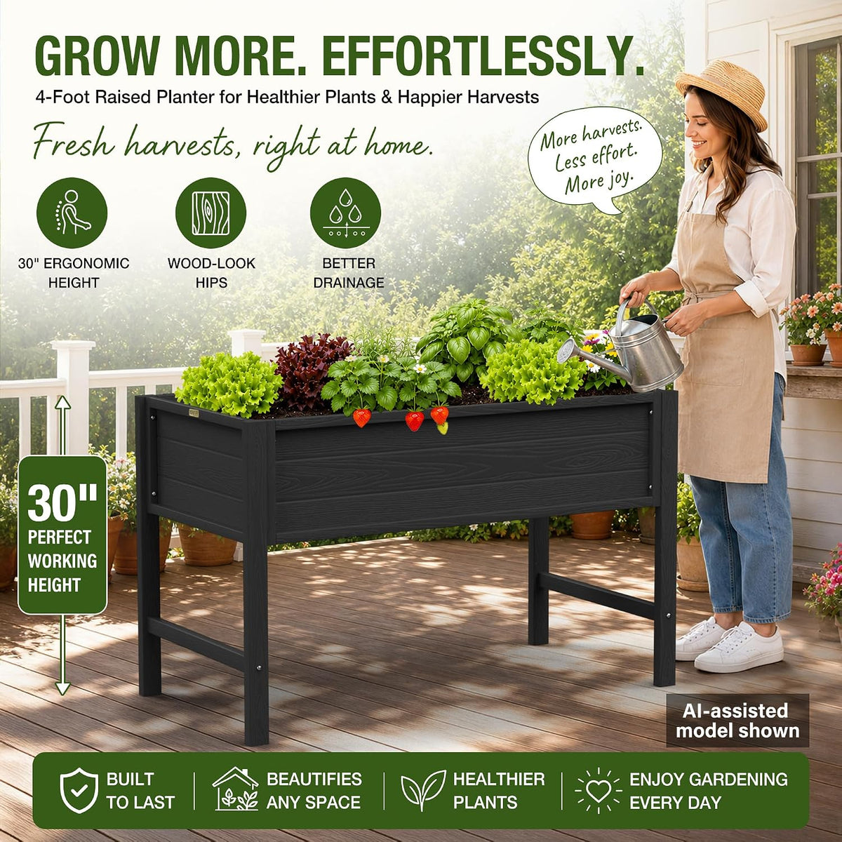 YEFU 48" Raised Garden Bed with Legs, HIPS Outdoor Garden Bed, Black