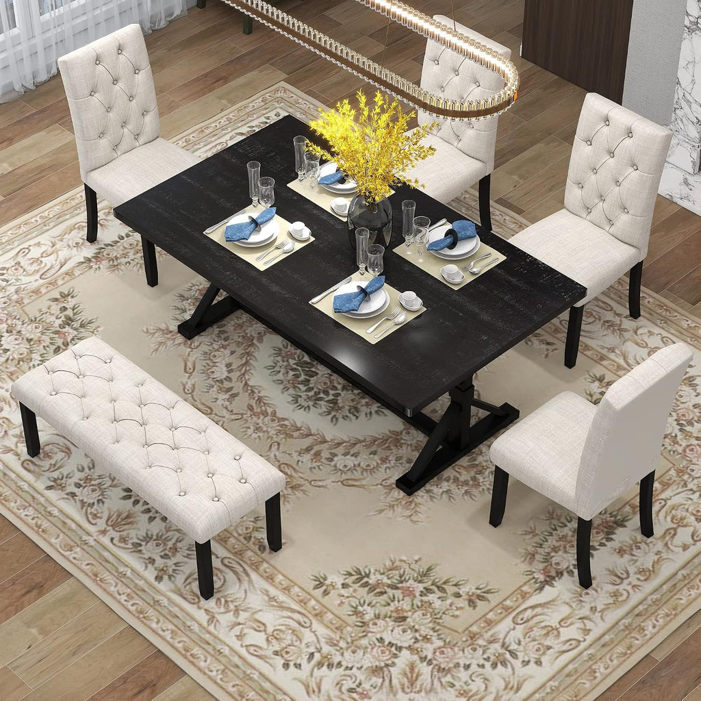 Mirightone 6-Piece Farmhouse Dining Table Set for 6 Rectangular Table Set with 4 Upholstered Chairs and Bench, Solid Wood Dining Table Set for Kitchen, Dining Room (Espresso)