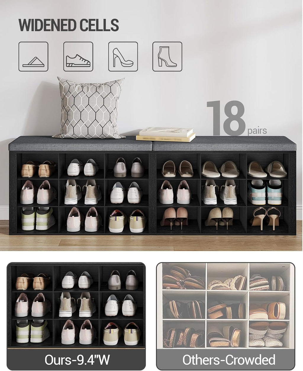 Hzuaneri Shoe Storage Bench with Cushion, Storage Bench with 18 Cubbies