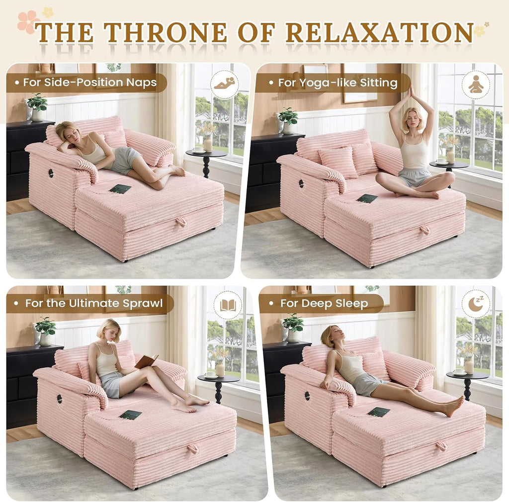 Deolme Oversized Chaise Lounge Chair with Storage Ottoman & USB Ports, Fluffy Corduroy Cloud Couch Sleeper Sofa Bed with Arm Rest, Comfy Overstuffed Sofa Chair Set for Living Room, Bedroom (Pink)