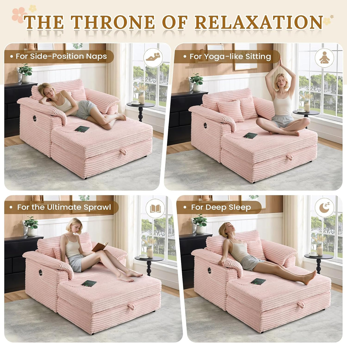 Deolme Oversized Chaise Lounge Chair with Storage Ottoman & USB Ports, Fluffy Corduroy Cloud Couch Sleeper Sofa Bed with Arm Rest, Comfy Overstuffed Sofa Chair Set for Living Room, Bedroom (Pink)
