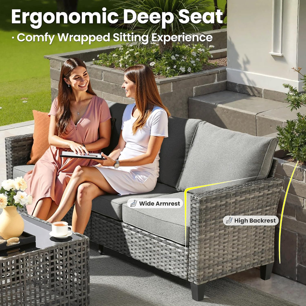 ovios 9 Pieces Patio Furniture Set, Outdoor Wicker Sofa Couch with Swivel Glider Chairs Solar Lights Table, Modern Deep Seat Rattan Conversation Sets for Deck Porch, Dark Grey